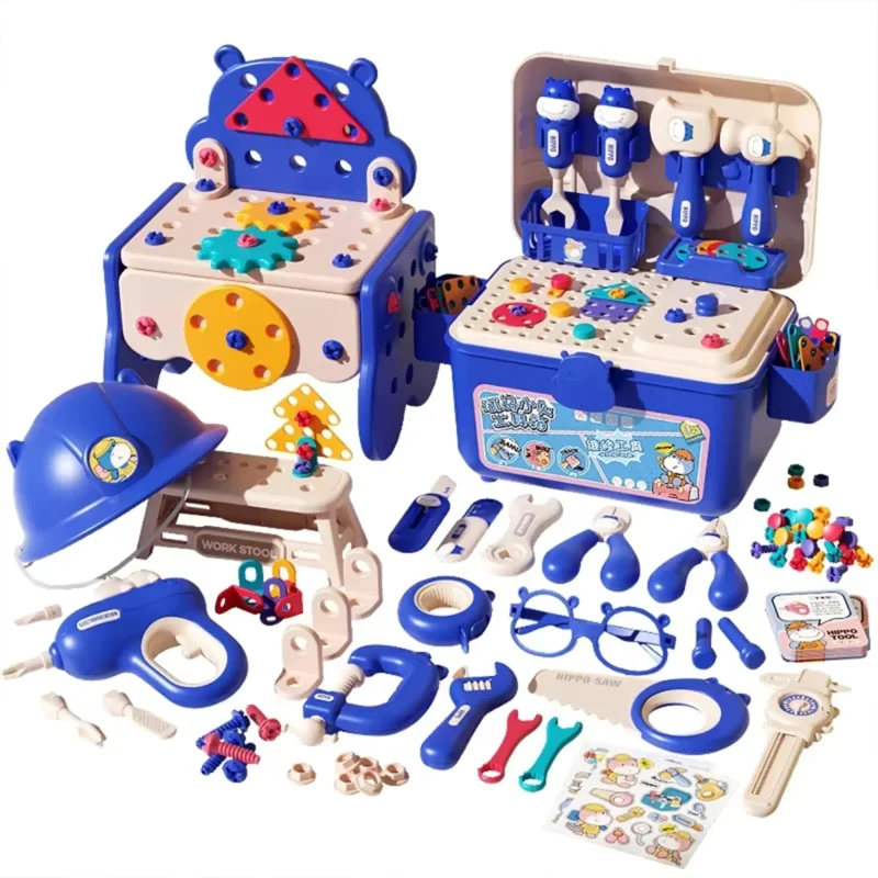 Children's blue toolbox play set with electric hand drill, safety helmet, and various tools, ideal for kids 3+ for hands-on and creative play.