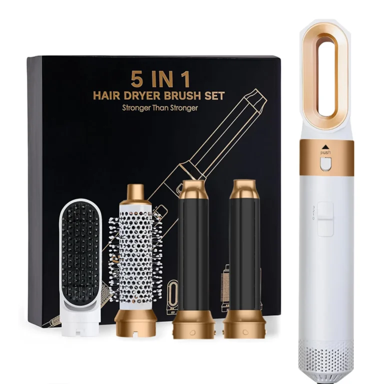 5 in 1 Hair Dryer Brush Set, includes blow dryer, curler, straightener, and styling brushes for all hair types.