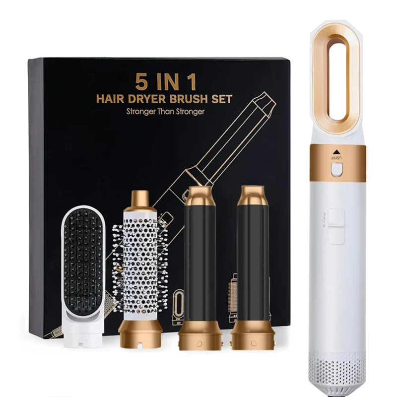 5 in 1 Hair Dryer Brush Set, includes blow dryer, curler, straightener, and styling brushes for all hair types.