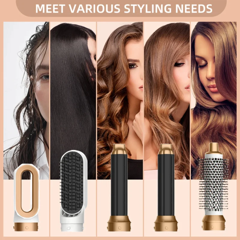 5 in 1 Hair Dryer Brush Set, includes blow dryer, curler, straightener, and styling brushes for all hair types.